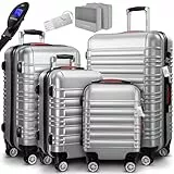 Monzana® 4tlg Kofferset Schloss Organizer Kofferwaage Gurt Gel-Griffe Zwillingsrollen Standfüße Trolley Reisekoffer Hartschale Koffer S-M-L-XL Silber