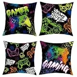 Joymaison Kissenbezüge 45x45 cm 4er Set Gaming Zimmer Videospiel Thema Dekorative Kissenbezug Gamer Spiel Controller Deko Kissenhülle für Teenager Jungen Schlafzimmer Spielzimmer