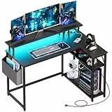 Yornoli Eckschreibtisch Gaming Tisch mit LED & Langer Monitorständer, Schreibtisch L Form mit USB-Ladeanschluss & Steckdose & Seitentaschen, Computertisch Ecktisch für Heimbüro, Kohlefaser
