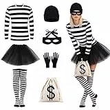 TGKYK Bankräuber Kostüm Damen, 7PCS Räuber Kostüm Erwachsene mit T-Shirt, Kurzer Rock, Kniestrümpfe, Strickmütze, Maske, Handschuhe, Geldbeutel, Räuber Set für Cosplay, L/XL (L)