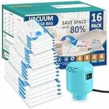 SZO Vakuumbeutel für Kleidung Bettdecken mit Elektrische Pumpe 16 Stück (4 Jumbo, 4 Groß, 4 Mittel, 4 Klein) Reise Schnelles Ablassen der Luft Platzsparend für Kleidung Bettdecken Bettwäsche Kissen