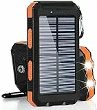 HXEternal Solar Powerbank 20000mAh, Wasserdichtes USB C Externer Akku mit 2 Outputs, 2 USB-Anschlüssen, LED-Taschenlampen mit Kompass für Outdoor-Aktivitäten
