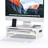 BONTEC Monitorständer aus Holz, Schreibtisch-Monitorständer mit Smartphone-Halter, ergonomischer Laptop-Ständer mit Kabelmanagement für Computer, Notebook, iMac, PC, 2 Ebenen, Schwarz (B420 x T235 x