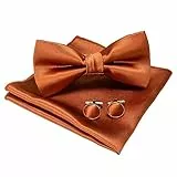 JEMYGINS Einfarbig Fliege und Einstecktuch mit Manschettenknöpfe Sets für Herren,Rostrot Orange