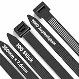 Highwings Kabelbinder Schwarz 100 Stück 350 mm × 7,6 mm, 75KG Zugfestigkeit Nylon Kabelbinder UV Beständig Halter Stark Selbsthemmend für Familie, Werkstatt, Garten, Kabelmanagement