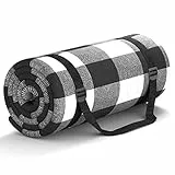 HUTHIM Picknickdecke 200x200cm,StranddeckeWasserdicht Sandfrei Outdoor Decke WaschbarXXL Picknickdecken, Faltbar Strandmatte mitSchultergurt, ideal für Strand Park (Schwarz-WeiB-Gitter)