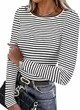 WIHOLL Damen Langarmshirt Leichte Fleece Thermounterwäsche Rundhals Basic T Shirt Herbst Oberteile Damen Slim Fit Thermo Unterhemd Gestreift Schwarz S