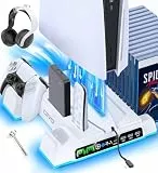 PS5/PS5 Slim Ständer mit 3 stufig Lüfter und RGB Licht, PS5 Standfuß mit 3 Extra USB Ports/PS5 Controller Ladestation/Headset Halter/Remote Steckplatz/14 Spiele Aufbewahrung für PS5 Zubehör