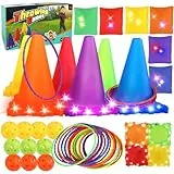 46Pcs Light Up Wurfspiele Outdoor Spiele, 3-in-1 Wurfspiel Kinder Outdoor für Kinder 3+ Jahre, Karnevals-Spiele-Set, Ringwurfspiel, Ring, Ball, Bean Bag Toss Spiel Set für Kinder Outdoor Gartenspiele