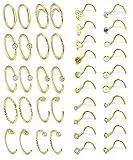 Sunligoo AllerPierce 40pcs Nasenpiercing Nasenring Nasenstecker Chirurgenstahl 20G Spirale Stecker Nase Stecker mit Strass Piercing Schmuck Gold Rosegold Silber