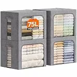 Lifewit 75L Aufbewahrungsbox mit Deckel, Kleidung Aufbewahrung, Faltbare Kleideraufbewahrung mit Metallrahmen, Stoffbox mit Griffen & Fenster, Aufbewahrung Kleiderschrank, 4er Set, Hellgrau