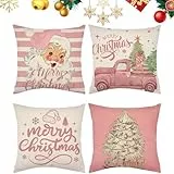 FILOEEX Weihnachten Weihnachtsmann Kissenbezug 45x45cm Leinen Sofa Throw Kissenbezug 4 Stück Kissenbezug Weihnachten Kissenhülle WeihnachtenDekoration für Weihnachtsdeko Bettwäsche Sofa (Rosa-C)