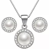 Lydreewam Perlen Kette Ohrringe Schmuckset Silber 925 für Damen mit Blau Valentinstag Geschenkbox