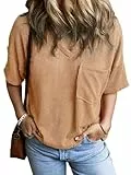GLEENOD Tshirt Damen Kurzarm V-Ausschnitt Shirts Damen Sommer Elegant Top Locker Oversize T-Shirt mit Tasche