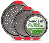 NutriChef Pizzablech 3er-Set Grau – Ø 35,6 cm, Antihaft, Gelocht, Carbonstahl Mit Griff & stapelbar | Für Pizza, Flammkuchen, Brot | Spülmaschinengeeignet & BPA-frei