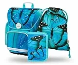 Baagl Schulranzen Mädchen Set 3 Teilig, Ergo Schultasche für 1. Klasse, Ergonomische Grundschule Ranzen Tornister mit Brustgurt (Butterfly)
