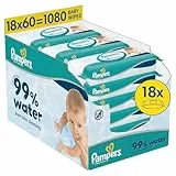 Pampers 99% Water Baby-Feuchttücher, 18 Packungen mit 60 Feuchttüchern = 1080 Baby-Feuchttücher, leichte Lotion mit 99% Wasser