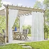 PONY DANCE Outdoorvorhang Weiß Transparent 2er Set H 243 x B 137 cm Leinenoptik Outdoor Vorhänge Wasserdicht Terrasse Gardinen mit Klett-Schlaufen Balkon Vorhang Outdoor