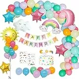 weeyin Geburtstagsdeko Mädchen, Pastell Deko Geburtstag Mädchen Happy Birthday Girlande, Regenbogen Wolken Geburtstags Dekoration Luftballons für Kinder geburtstagsdeko Mädchen Babyparty Mehrweg