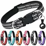 AUAUY Reflektierend Halsband Hund, Verstellbares Atmungsaktives Hundehalsband, Weich Gepolstertes Neopren Nylon Hunde Halsband mit AirTag-Hülle Doppel-D-Ring für Kleine Mittel Große Hunde(Schwarz-M)