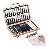 Relaxdays Malkoffer, 56-tlg. Malset Holz, Zeichenset mit Radierer, Anspitzer, Bunt- & Bleistiften, Acrylfarben, natur, 27 x 37 x 5 cm