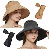 Maylisacc Strohhut Damen, Faltbar Strohhut UV Schutz 50 Sonnenhut Elegant Sommerhut Breite Krempe Visor Cap-Einstellbar, 55-59cm, Khaki+Schwarz