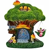 TERESA'S COLLECTIONS Gartendeko für Draußen Feengarten Haus Solarleuchte Feenhaus Gartenfigur aus Kunstharz Wasserfest Fairy House Elfenhaus Herbst Dekoration Grün 13cm
