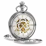 ManChDa Mechanische Taschenuhr mit Kette, Retro, glatt, klassischer Handaufzug, römische Ziffern, für Damen und Herren, silberfarben