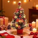 KUWUNG Kleiner Weihnachtsbaum Mit Beleuchtung, 40CM Mini Weihnachtsbaum mit LED Lichtern,Weihnachtskugeln und Ornamenten,Desktop Deko Künstlicher Weihnachtsbaum Klein mit LED Lichtern(Rot)