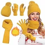Figarge Damen Winter Mütze Schal Touchscreen Handschuhe Set, Damen 3 in 1 Winter Beanie mit warmen gestrickten langen Schal, dicke gestrickte Pom-Mütze und Touchscreen für Outdoor (Gelb)