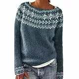 Angxiwan Oversize Pullover Damen Norweger Pullover Original Winter Kaschmir Pullis Langarm Weihnachtspullover Elegant Rundhals Winterpullover Casual Warm Strickpullover Sweatshirt Damen ohne Kapuze