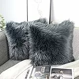 OYIMUA 2 Pcs Weicher Zierkissenbezüge Deko Kissen Schaffell Lammfell Kunstfell Langhaar Zierkissen Kissenbezug Fellimitat Sofakissen Cuddly Kissen (Anthrazit, 40 x 40 cm)