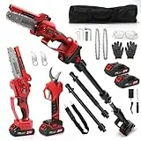 4-in-1 Mini Kettensäge & Akku Astschere Teleskop mit 2 * 2Ah Akkus, 6 Zoll Hochentaster Astsäge, 55 mm Elektrische Gartenschere, Maximale Reichweite bis zu 4,5m, Geeignet für Gartenpflege