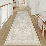 PureCozy Vintage Beige Teppich Flur Läufer 60x240cm Teppichläufer Boho Waschbarer Carpet Weich rutschfest Lang Teppiche Küche Schlafzimmer Bettvorleger Büro Kurzflor Tepich