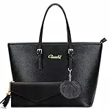 BestoU Handtasche Damen Elegant Umhängetasche Tasche Shopper Damen Schultertasche Große mit einer Geldbörse und Pelz Kugel Plüsch Schlüsselring Schwarz
