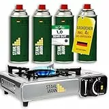 STAHLMANN Gaskocher inkl. 8 Kartuschen - Campingkocher mit Piezozündung - Camping Gaskocher stufenlos regulierbar - Gaskocher Camping 1-Flammig (8 Kartuschen)