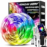 IKERY LED Strip 40M, LED Streifen 24V RGB Amb. Lightstrip, 16 Mio. Farbwechsel LED-Lichtband Sync mit Musik, mit Fernbedienung APP-Steuerung, für Innenbereich Schlafzimmer Dekor (2 Rollen 20M)