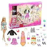BARBIE Adventskalender mit einer Barbie Puppe (30,4cm), 24 Überraschungen, mit trendiger Kleidung und Accessoires für Tag und Nacht, im Weihnachtsstil für Kinder von 3 bis 7 Jahre, GXD64