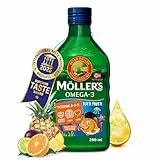 Möller's Omega 3 Lebertran | Nordic omega 3 kinder Nahrungsergänzung mit EPA, DHA, Vitamin A, D und E | Hochreiner natürlicher Lebertran | 165 Jahre alte Marke | Tutti Frutti | 250 ML