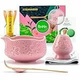 TEANAGOO 7 Stück Matcha Set Rosa, Keramik Schale (Chawan) mit Ausguss & Bambusbesen, Komplettset für Matcha Zeremonie und Latte, Geschenk für Matcha Liebhaber