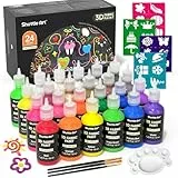 Shuttle Art 3D Textilfarbe waschmaschinenfest, 24 Stoffmalfarben waschfest mit Pinseln, Vorlagen, 3D Textilfarben mit Metallic-, Neon- und Glitzerfarben, Stofffarben waschfest Kinder für Tshirt, Jeans