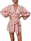 Versear Damen Sexy Boho Kurz Jumpsuits Overall Tiefer V-Ausschnitt Langarm Sommer aushöhlen Romper Playsuit Hosensets mit Gürtel