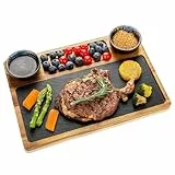 HALE OTEIR Schieferplatte Servierplatte Für Steak, Zum Grill Geschirr, Schieferplatte Servierplatte aus Akazien-Holz mit 2 Dipschale und Fächern, Steakteller Vorspeisenteller