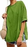 Tankaneo Damen T-Shirt Oversize Kurzarm Rundhals Oberteile Sommer Locker Einfarbig Bluse Lang Casual Basic Shirt Tops mit Seitenschlitzen Grün M