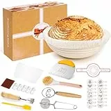 Toyvile 10-teilig Gärkorb Brot Set, 23cm Gärkörbchen zum Brotbacken, Sauerteig Starter Set, Brot Backen Zubehör zum Teigschneider, Leineneinsatz, Teigrührer & Brot Lame, Gärkörbchen Rund für Anfänger