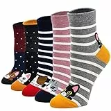 PUTUO Damen Baumwolle Lustige Bunte Socken - Thermal Karikatur Tier Weihnachtssocken, 5 Paare, EU 37-43, Katzenmuster