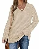PLOKNRD Pullover für Damen Langarm Pullover V-Ausschnitt Loose Sweater(Aprikose，XL