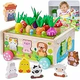KMTJT Montessori Spielzeug ab 1 2 3 Jahr | Holzspielzeug mit Karte 7-in-1 Farmspiel Motorikspielzeug aus Holz | Kinder Karotten Steckspiel Holz | Montessori Geschenk Mädchen Jungen
