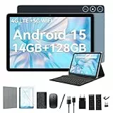 FEONAL Android 15 Tablet 10 Zoll, 4G LTE Tablets Mit 2 SIM 1 SD Slot, 5G WiFi Tablets PC Mit 14GB+128GB(1TBTF), 3-in-1 Tablet Mit Tastatur Maus-Octa-core, 1080FHD, 13MP+8MP, 7000mAh,GPS/OTG-Blau