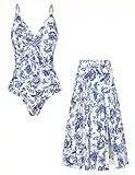 GRACE KARIN Damen Monokini, V-Ausschnitt mit Blumenprint, 2-teiliges Badeanzug-Set mit Schwimmrock und Tummy Control Weiß Blaue Blumen M